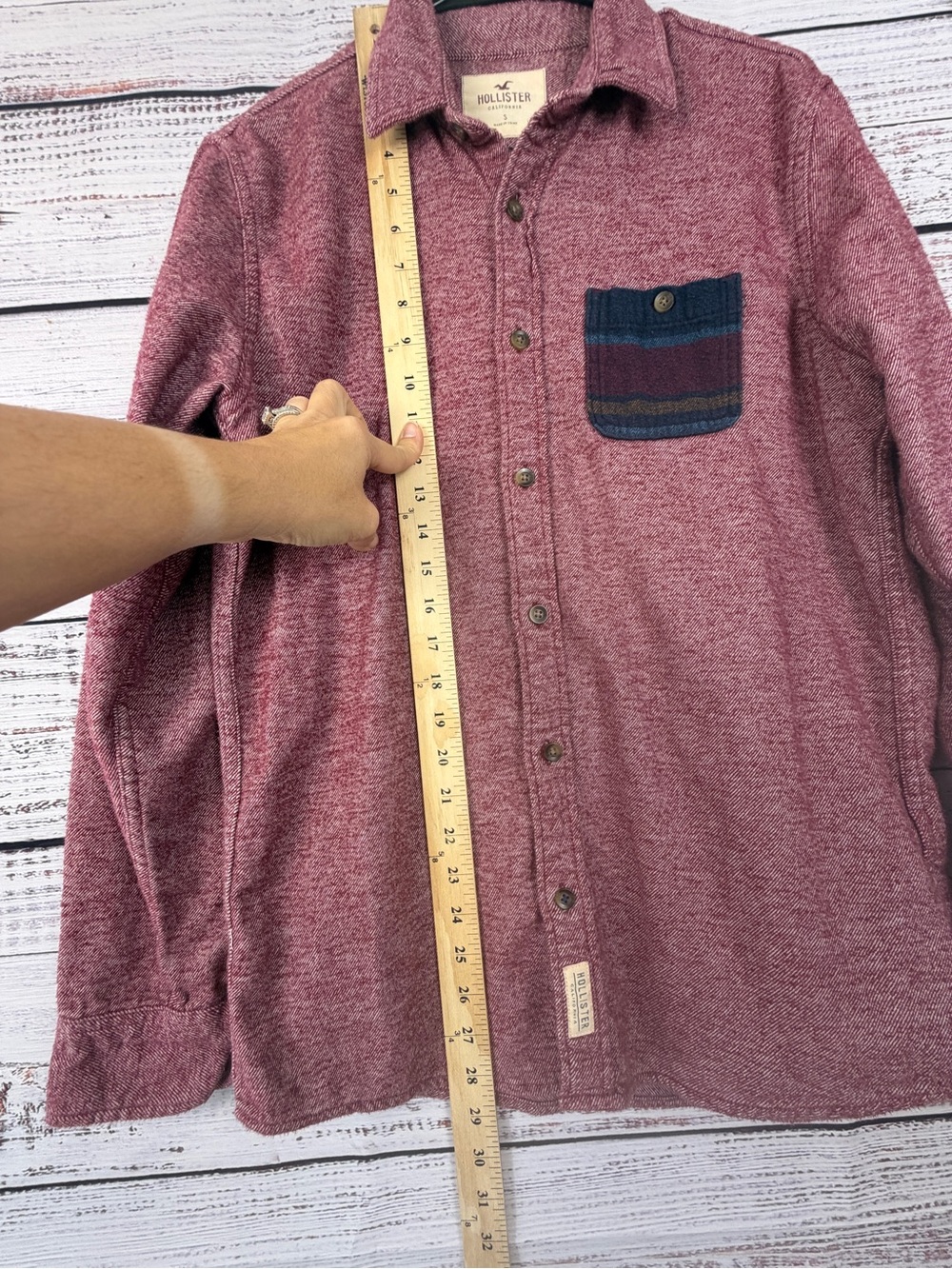 Hollister Burgundy Red 100% Cotton Button Down Shirt S Y2K Striped Pocket - Picture 6 of 8